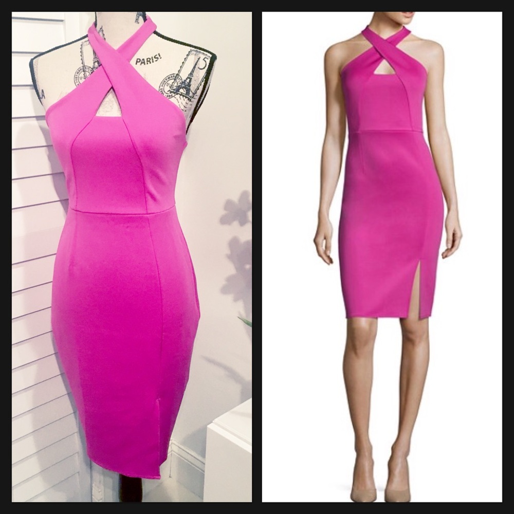 Fuchsia Crossover Halter Midi Dress